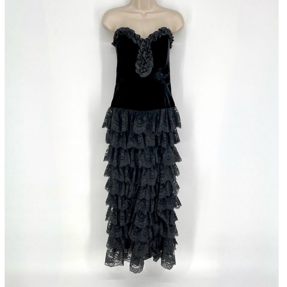 Jessica McClintock VTG Velvet Tiers Lace Maxi Dress Sz 2 Black Strapless Ruffles